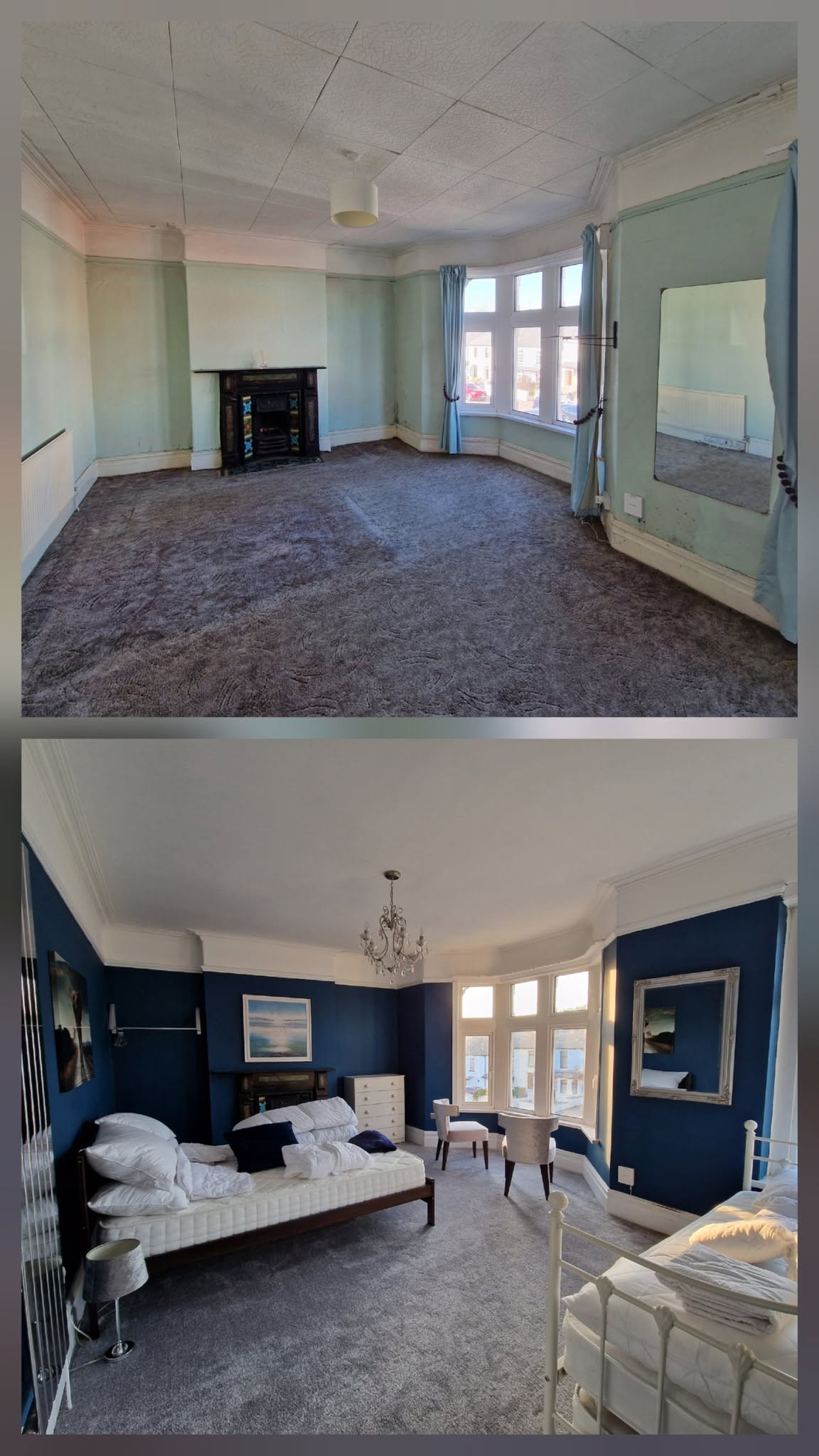 Bedroom before and after redecoration in deep blue